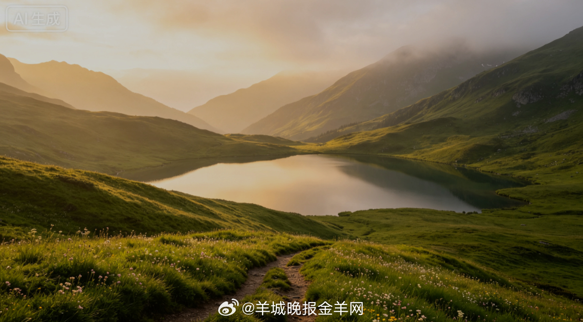 #早安# 破晓柔光漫过辽阔草甸，澄澈湖水静卧群山之间，缓步踏过柔软青草。清风携着