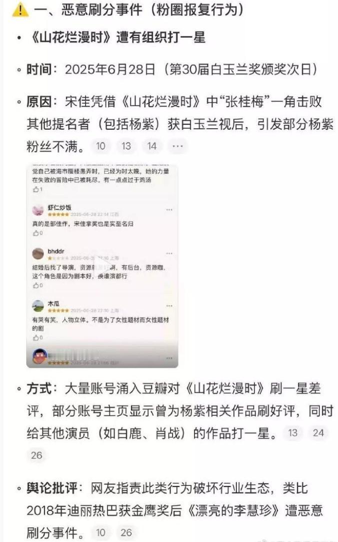 白玉兰之后，宋佳的《山花烂漫时》被恶意打一分差评
被发现之后，引起逆反心理，现在