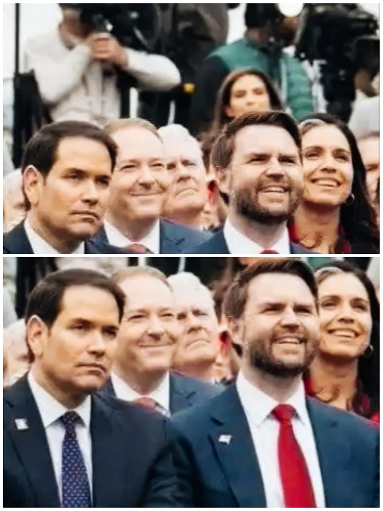 万斯和鲁比奥在一起观看什么呢？俩人却是完全不同的表情啊！
鲁比奥一脸严肃，像是心