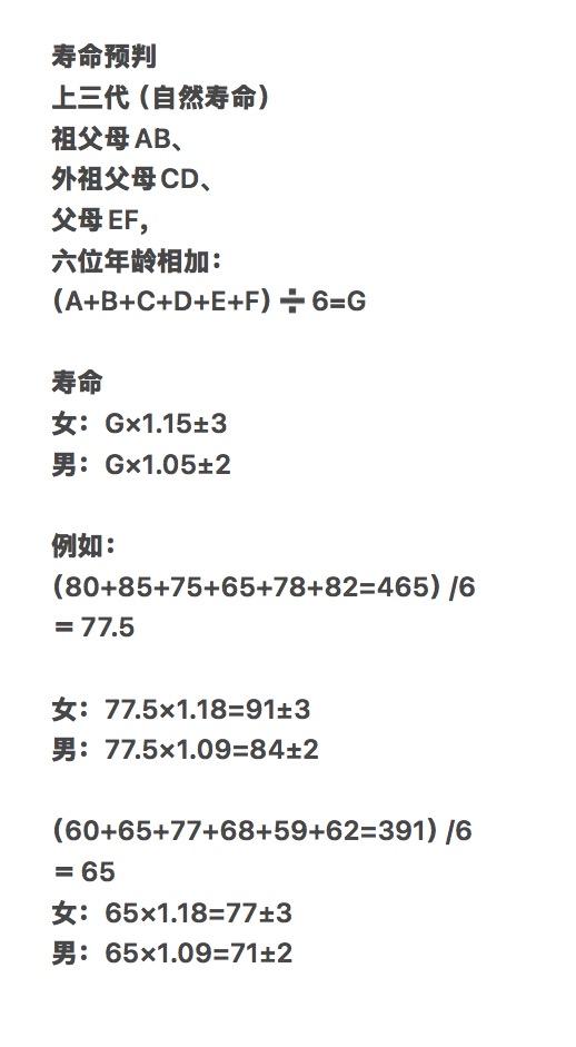 【自己的寿命年龄预判公式】对吗？
有科学依据吗？
