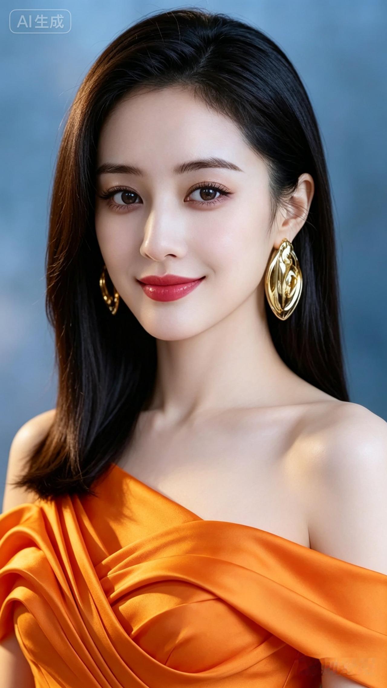 优雅气质，橙衣惊艳，金耳闪亮，完美女神！