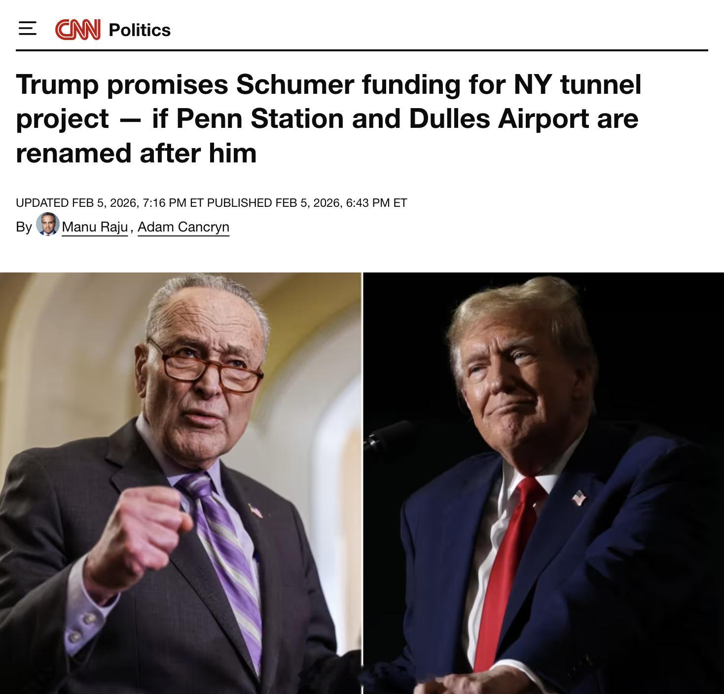 CNN：上个月，川普跟Chuck Schumer表示，他愿意解除冻结对纽约一项重