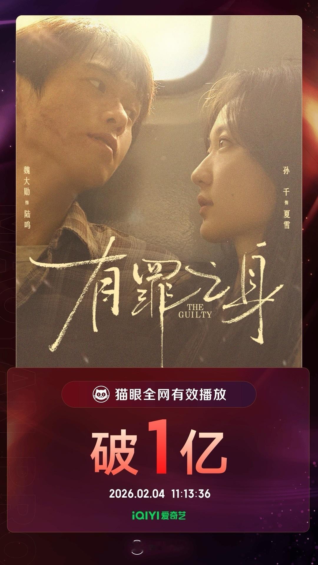 有罪之身有效播放量破亿 据猫眼专业版数据 主演剧集《有罪之身》开播第8天，全网有