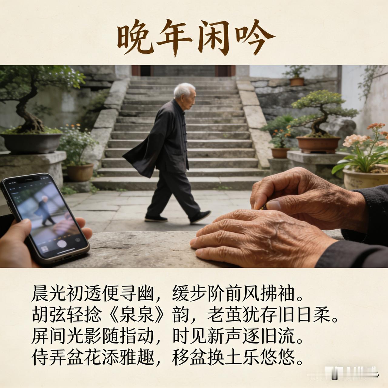 《晚年闲吟》乐韵诗心原创诗词:
晨光初透便寻幽，
缓步阶前风拂袖。
胡弦轻捻《二