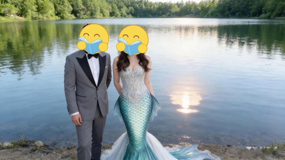 情侣懒得拍婚纱照交给豆包网友的人鱼婚纱照，用豆包拍婚纱照？一用一个不吱声。