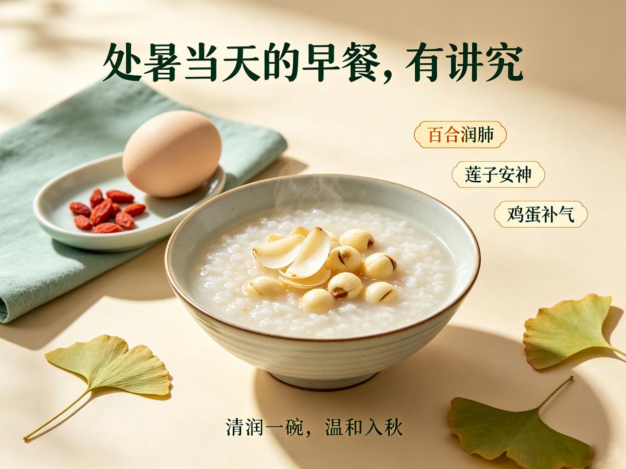处暑当天的早餐，有讲究。

一碗百合莲子粥 + 一个水煮蛋。百合润肺，莲子安神，