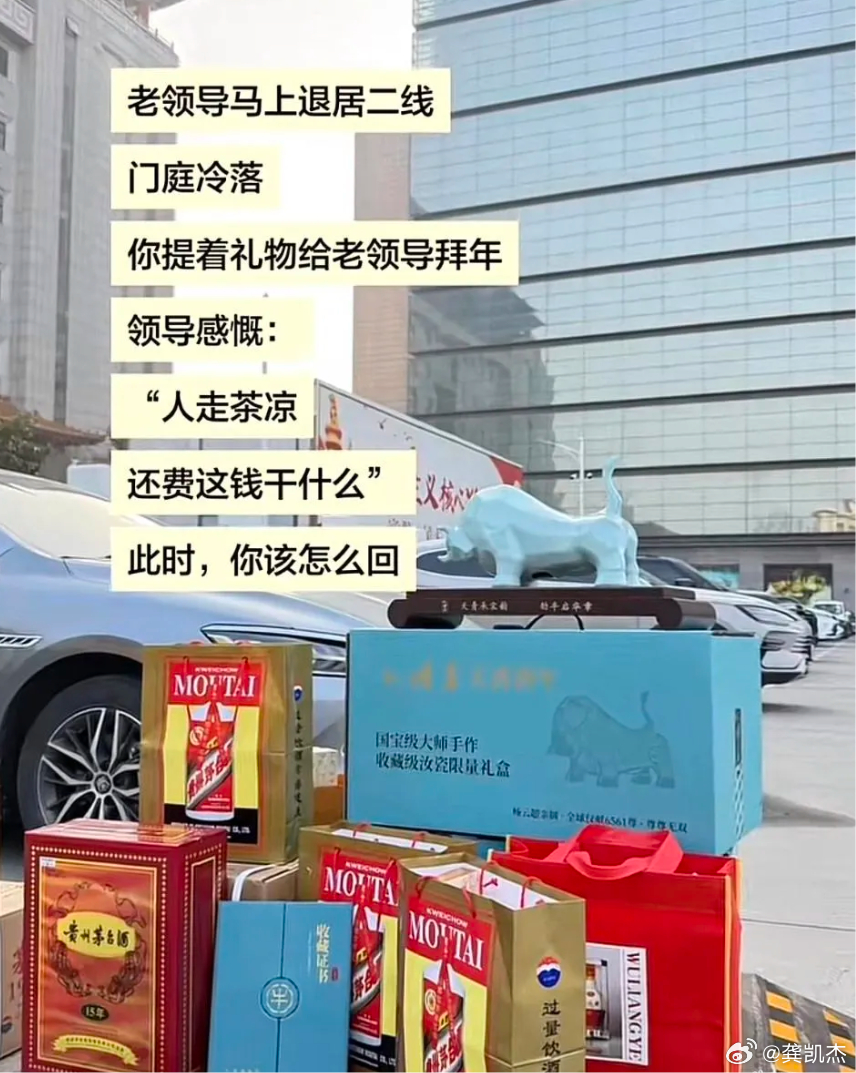 老领导马上退居二线，门庭冷落。你提着礼物给老领导拜年，领导感慨：“人走茶凉，还费