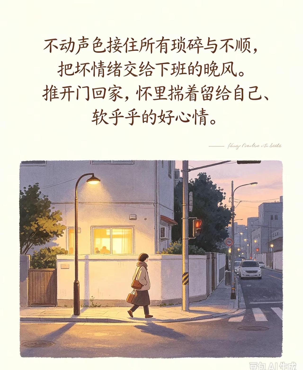 生活里大大小小的委屈和琐碎，悄悄收下，不声不响。下班时，把积攒的坏情绪散在晚风里