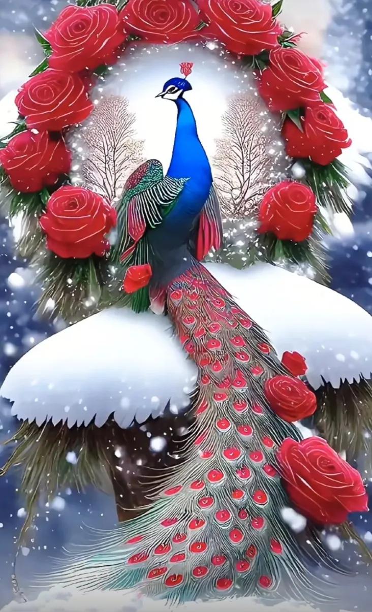 红艳孔雀舞，白雪映花娇。#羽舞情缘# #唯美孔雀祥云# #紅孔雀开屏#