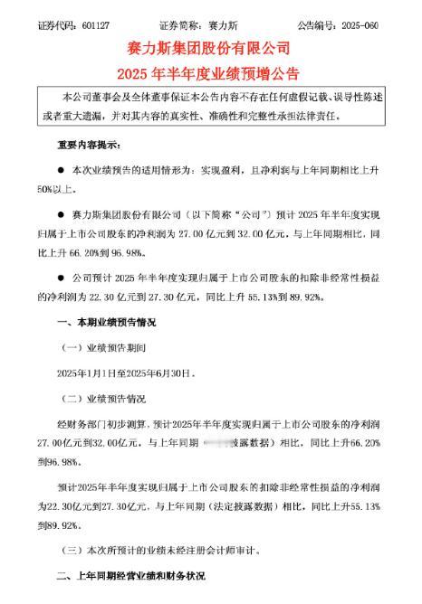 赛力斯发布了2025年上半年业绩报告。
预计2025年上半年归属于上市公司股东的