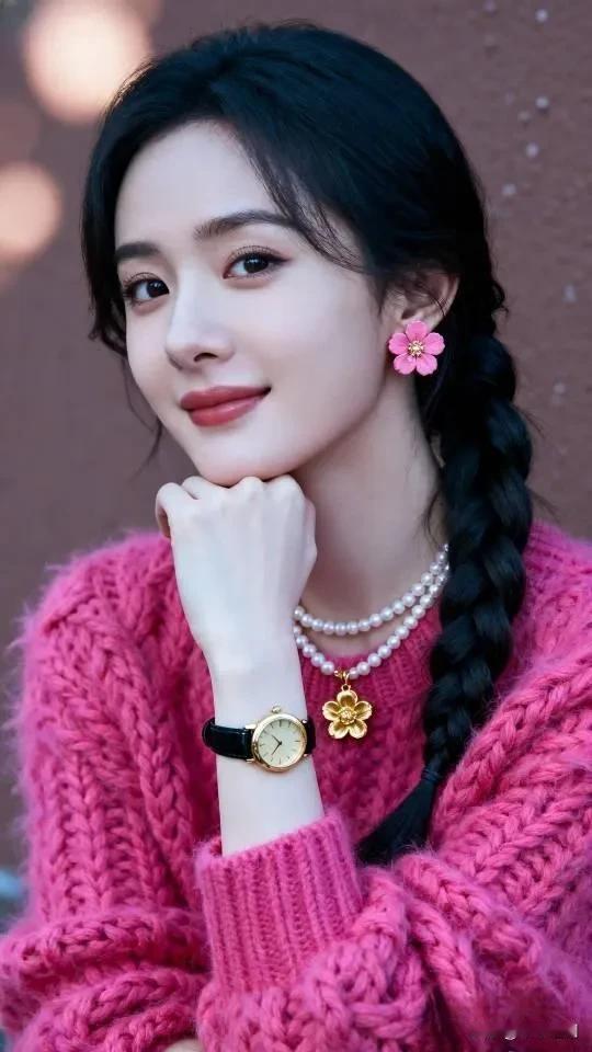 🎀 玫红毛衣配麻花辫，花朵耳饰叠戴珍珠项链，在暖棕背景下，把甜酷少女感拉得满满