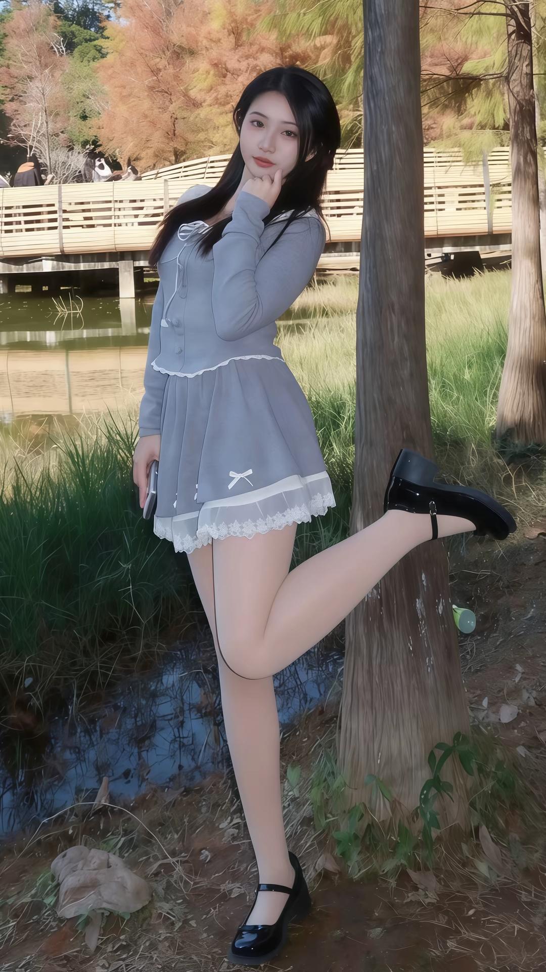 晒图笔记大赛你宛如从童话秘境中走出的精灵仙子，身着灰蓝蕾丝裙装，如月光织就的云纱