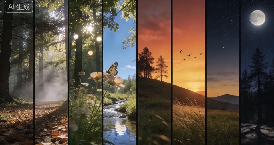 “AI生成的森林时光，每一帧都是自然之美”🌳🌿🌸🌙ai奇幻风景，ai郊野