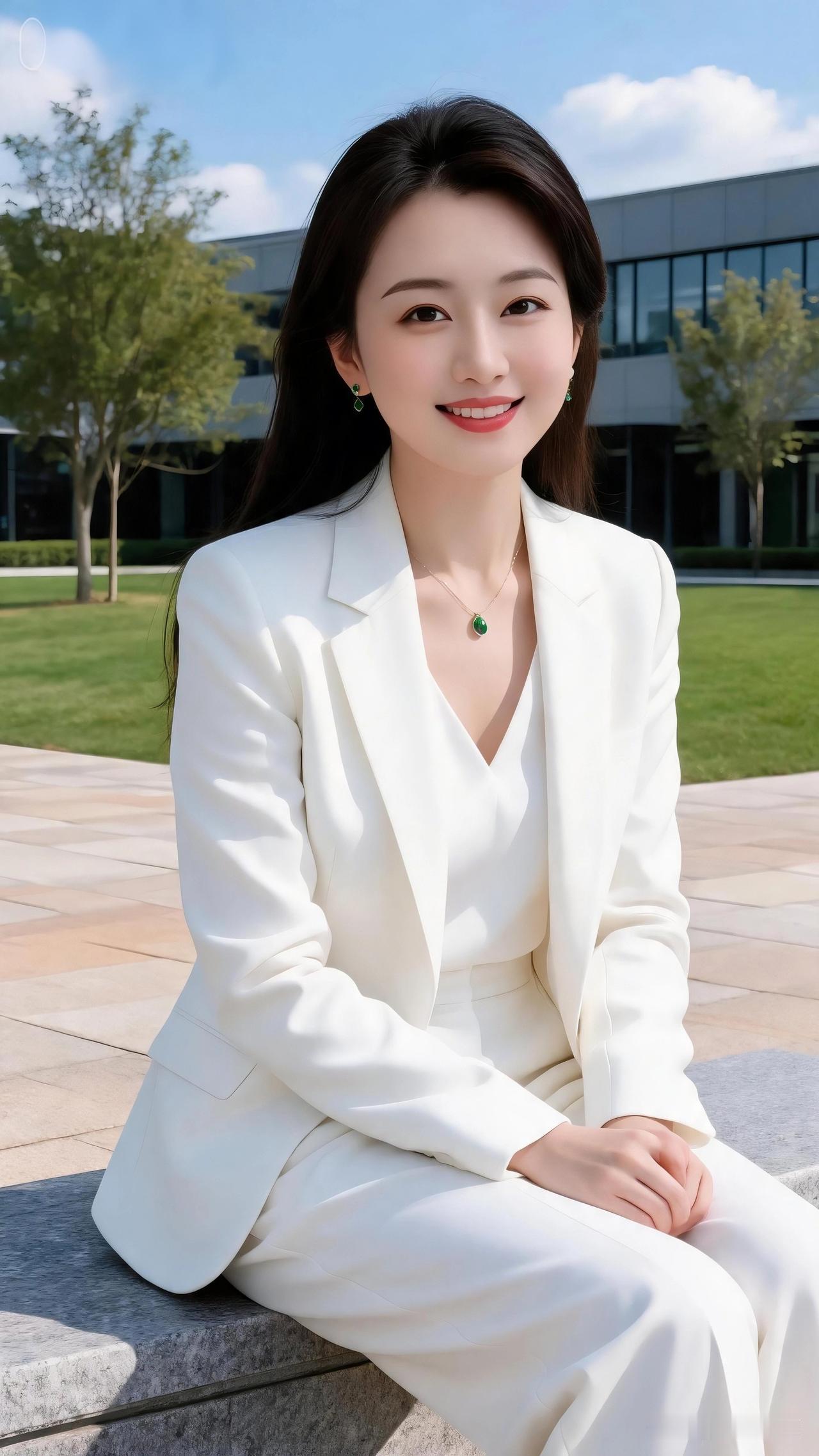 美女们快来分享自己的穿搭吧！一身干净利落的白色西装套装，简约大气，职场也能穿出松