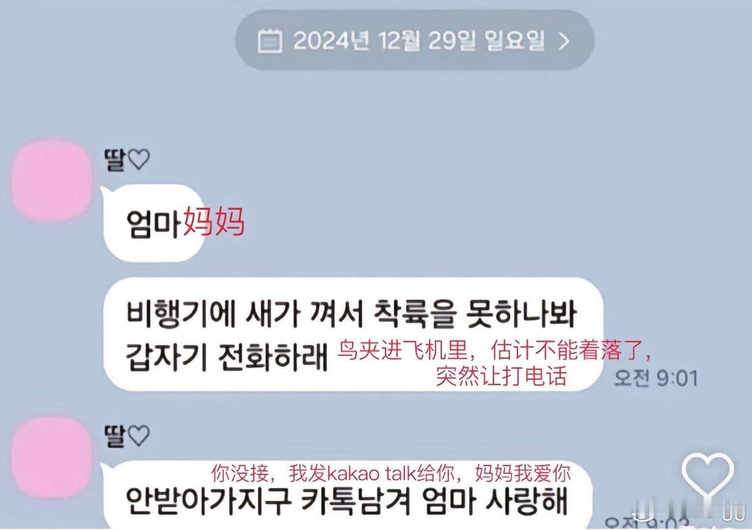 韩国济州航空客机坠机前3分钟遇险者给妈妈发的最后遗言: 妈妈我爱你 