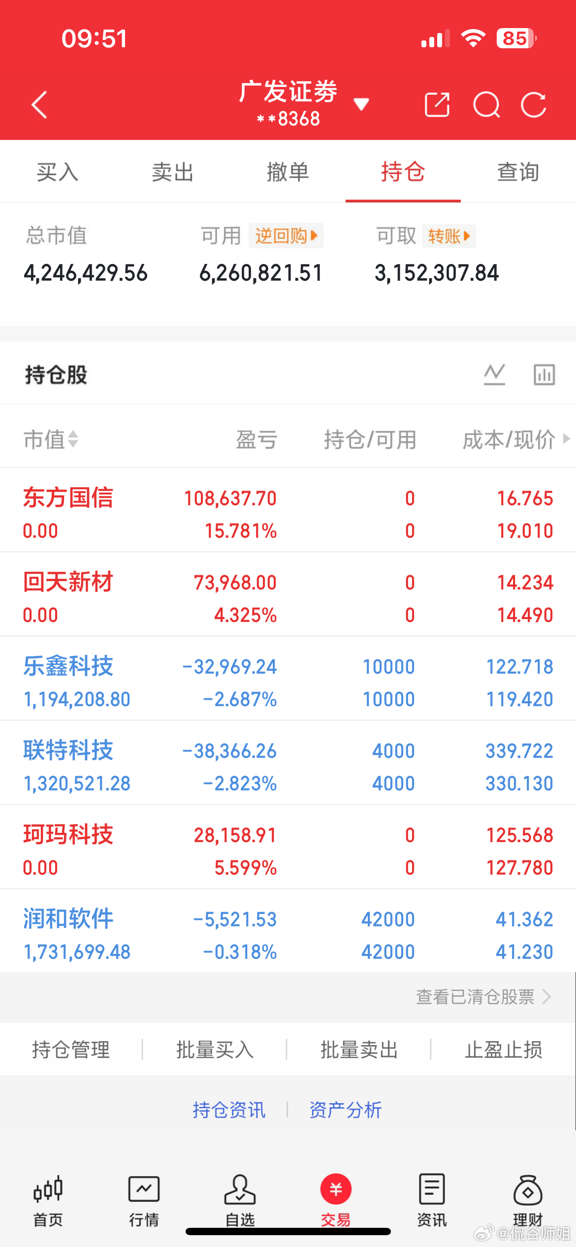 盘中操作兑现：东方、回天、珂玛全部止盈落袋，分时盘面风格明显切换，高位获利筹码兑