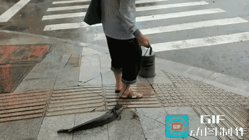 “太新奇了”！广东一名男子站路边避雨等候通行，一位撑红伞、挎蓝布包、穿凉鞋的大爷