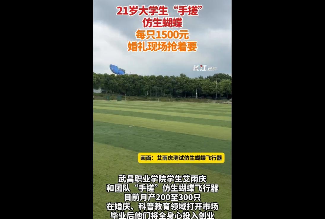 武汉武昌职业学院21岁大学生艾雨庆，带领团队在宿舍创业，纯手工研发仿生蝴蝶飞行器