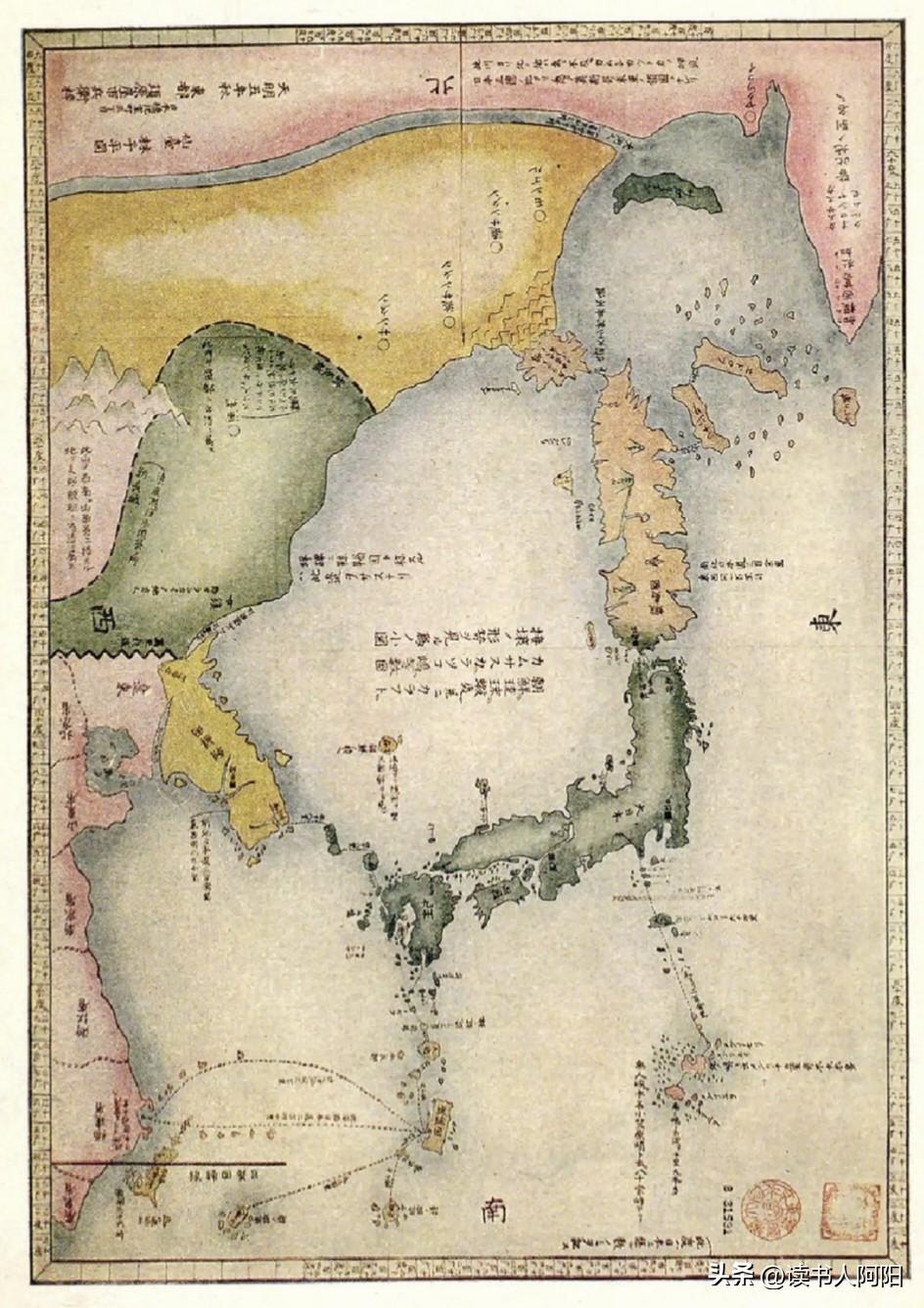 下图是1785年，日本人眼中的日本！
一个武士绘制的！
北海道快连接到俄罗斯了！