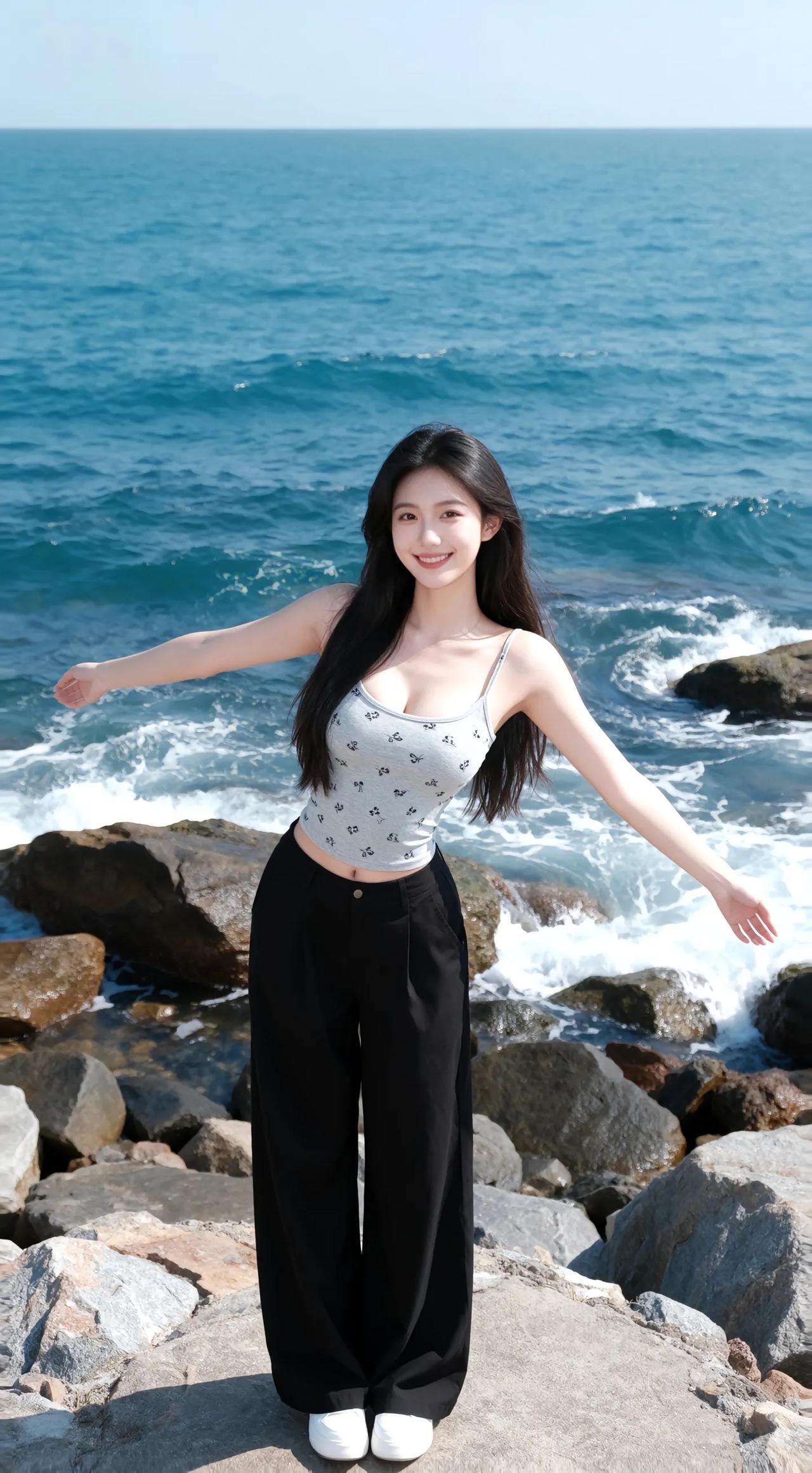 《海屿风》
蓝海裁作裙，晴光缀作针，
她立礁岩上，笑揽一怀风。
吊带栖云影，阔裤