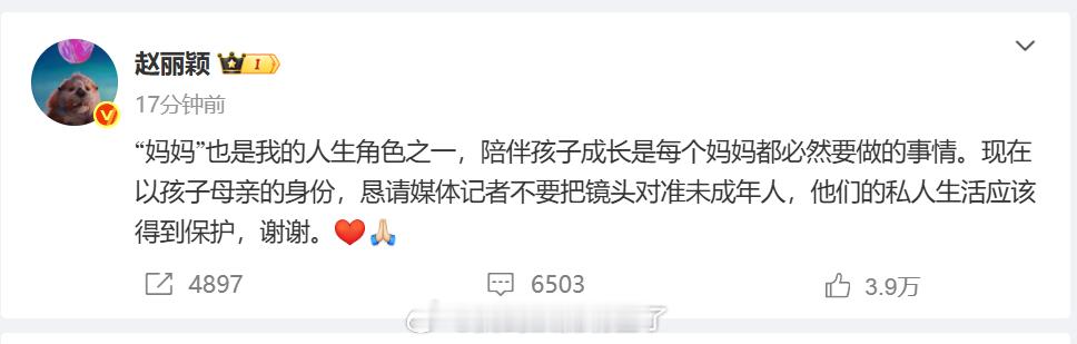 赵丽颖恳请媒体记者不要把镜头对准未成年 赵丽颖发文：以孩子母亲的身份恳请媒体记者