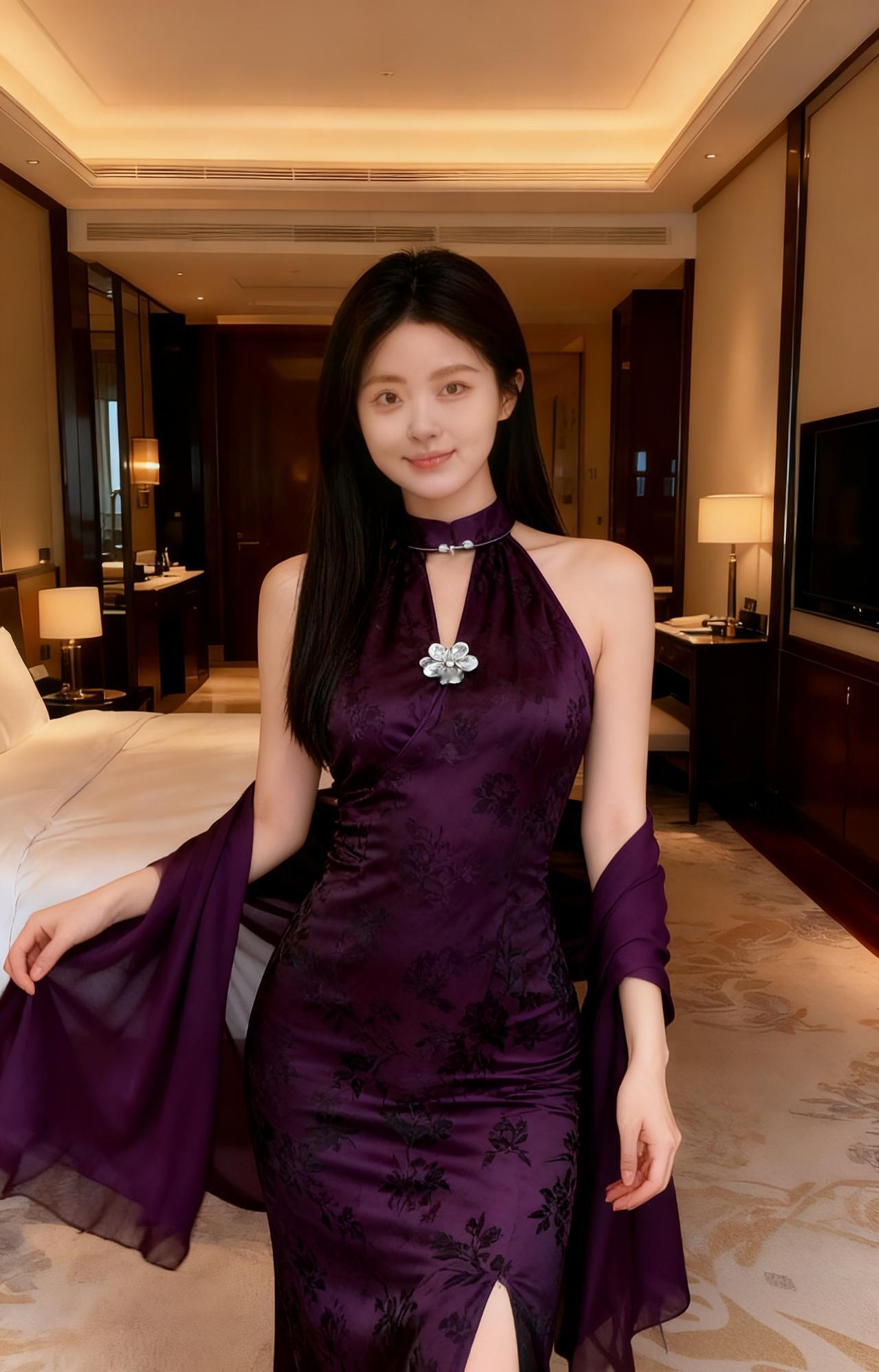 深紫色的改良款旗袍，面料上带着暗纹的花卉图案，把复古又华丽的气质衬得恰到好处，既