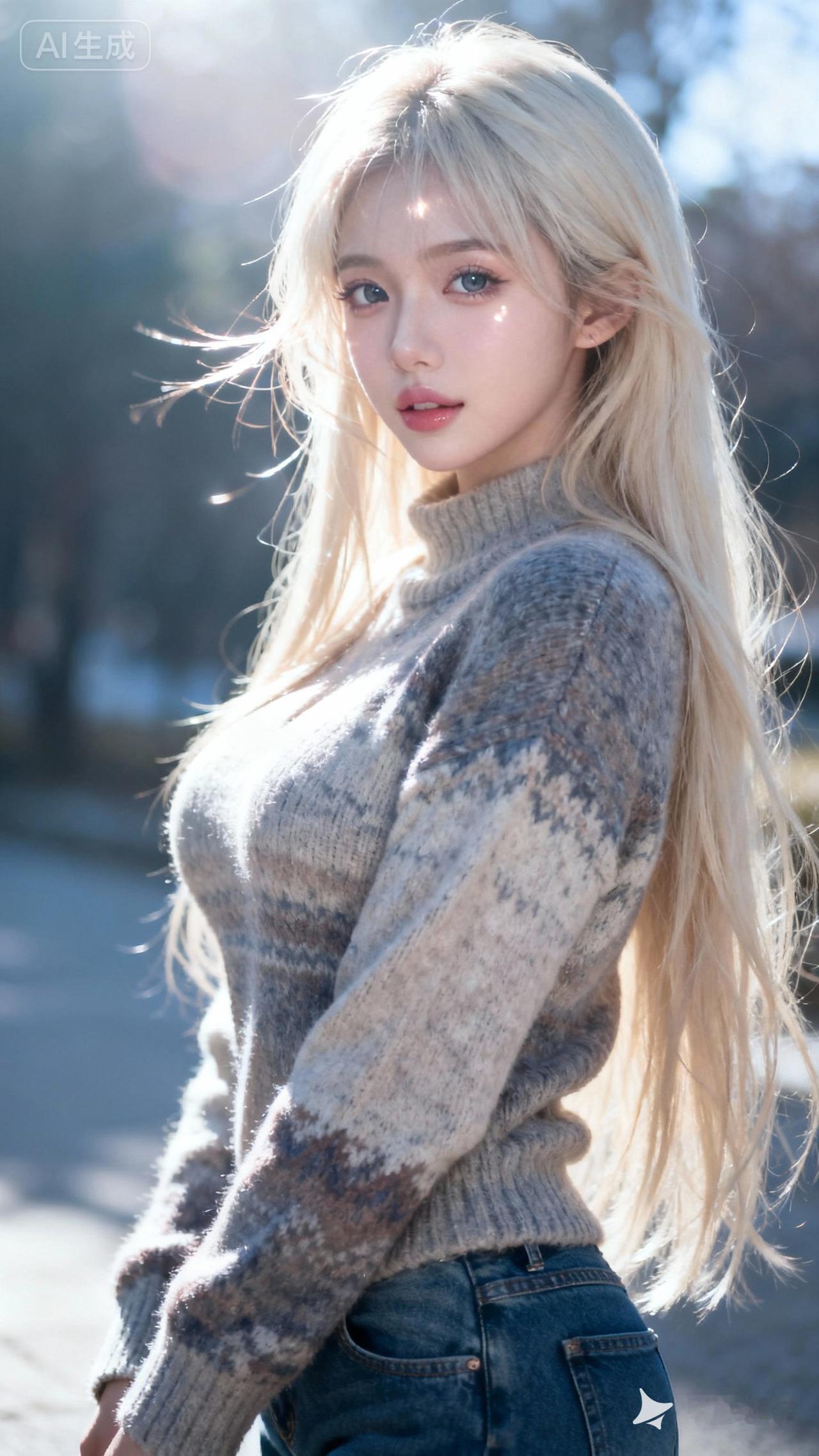 冬日暖阳下，毛绒毛衣与牛仔裤的搭配简直是温柔少女的标配。这种搭配完美诠释了冬日慵