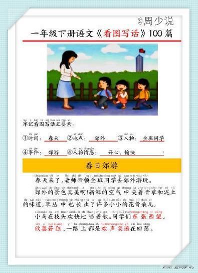 一二年级《看图写话》优秀范文，每一篇都附带详细的讲解以及练习稿，非常适合孩子学习