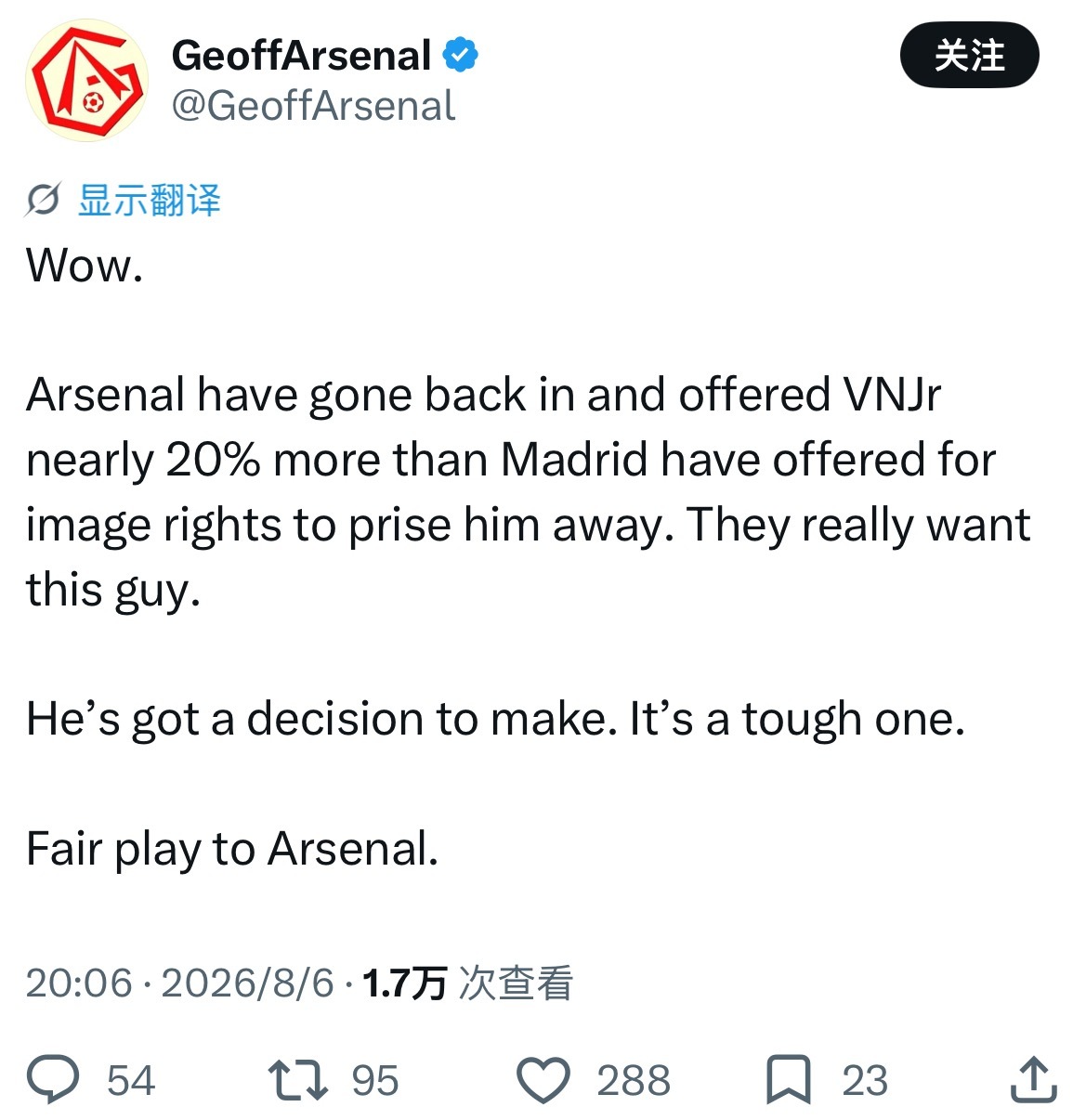 G神：阿森纳又再次出价，在肖像权方面向维尼修斯开出了比皇马高出近20%的报价，试