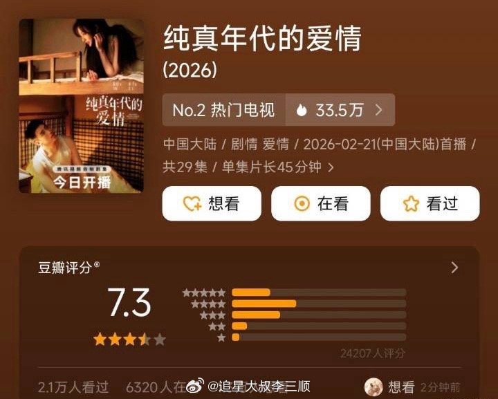 陈飞宇  孙千《纯真年代的爱情》豆瓣开分7.3 