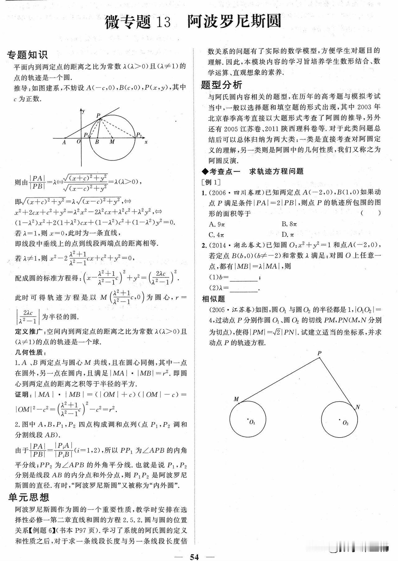 高二数学拓展培优——圆章节压轴题型突破
1、阿波罗尼斯圆
2、圆有关长度问题
3