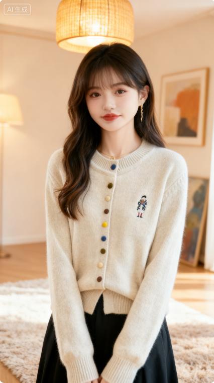 彩扣刺绣针织开衫女 百搭长袖羊毛衫