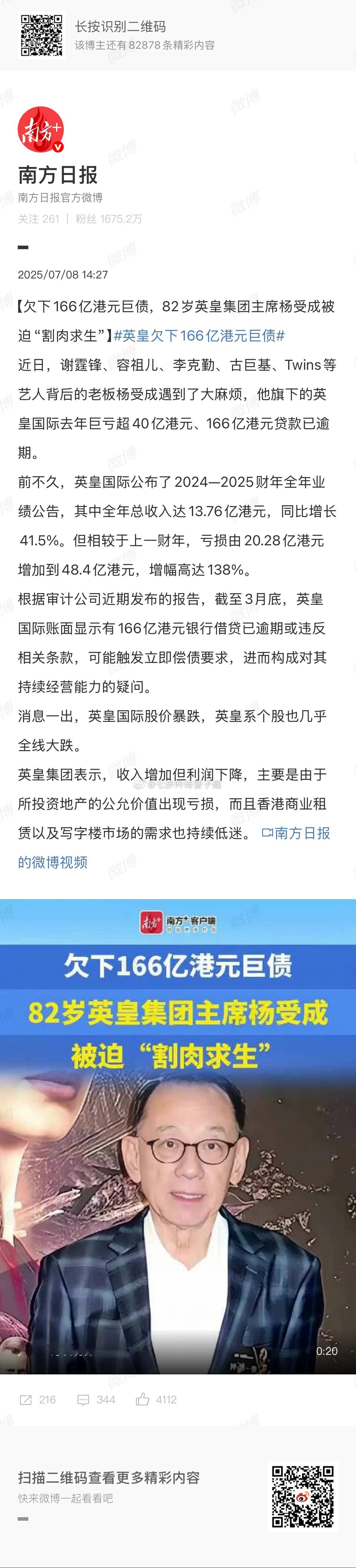 英皇欠下166亿港元巨债哇英皇集团可是一堆港台艺人呢，它还涉及珠宝行业呢，这也能