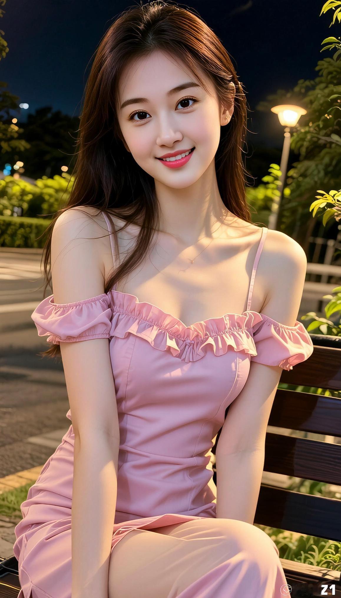 粉裙夜景照 抖音ai创作 高颜值