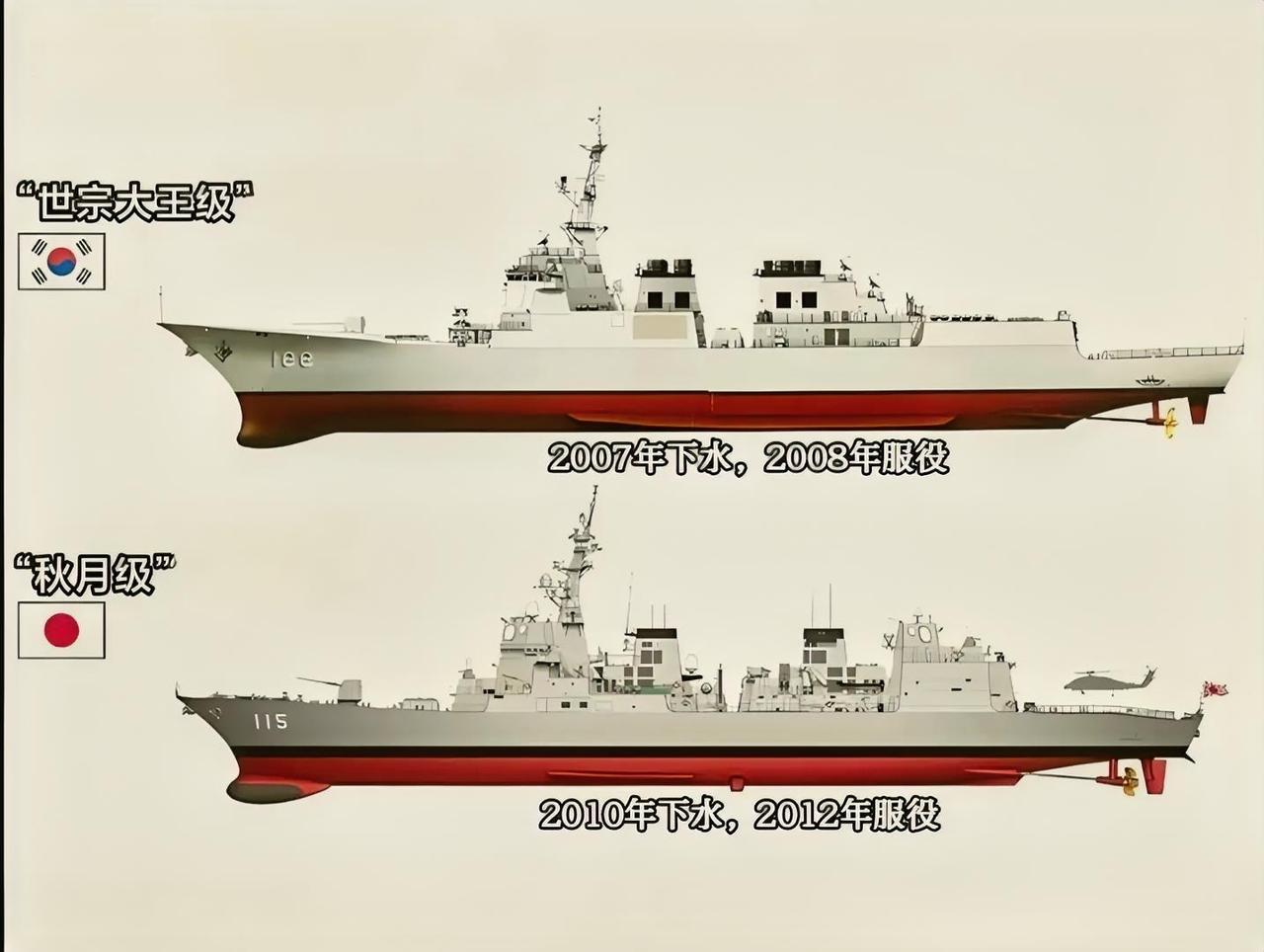 这是韩国的“世宗大王级”和日本的“秋月级”驱逐舰，它们都是东北亚非常典型的主力驱