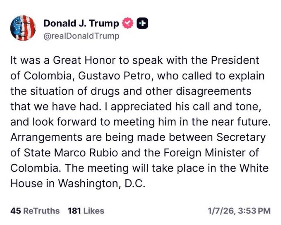 🔻特朗普称“非常荣幸与哥伦比亚总统古斯塔沃·佩特罗通电话。🔻正在安排和哥伦比