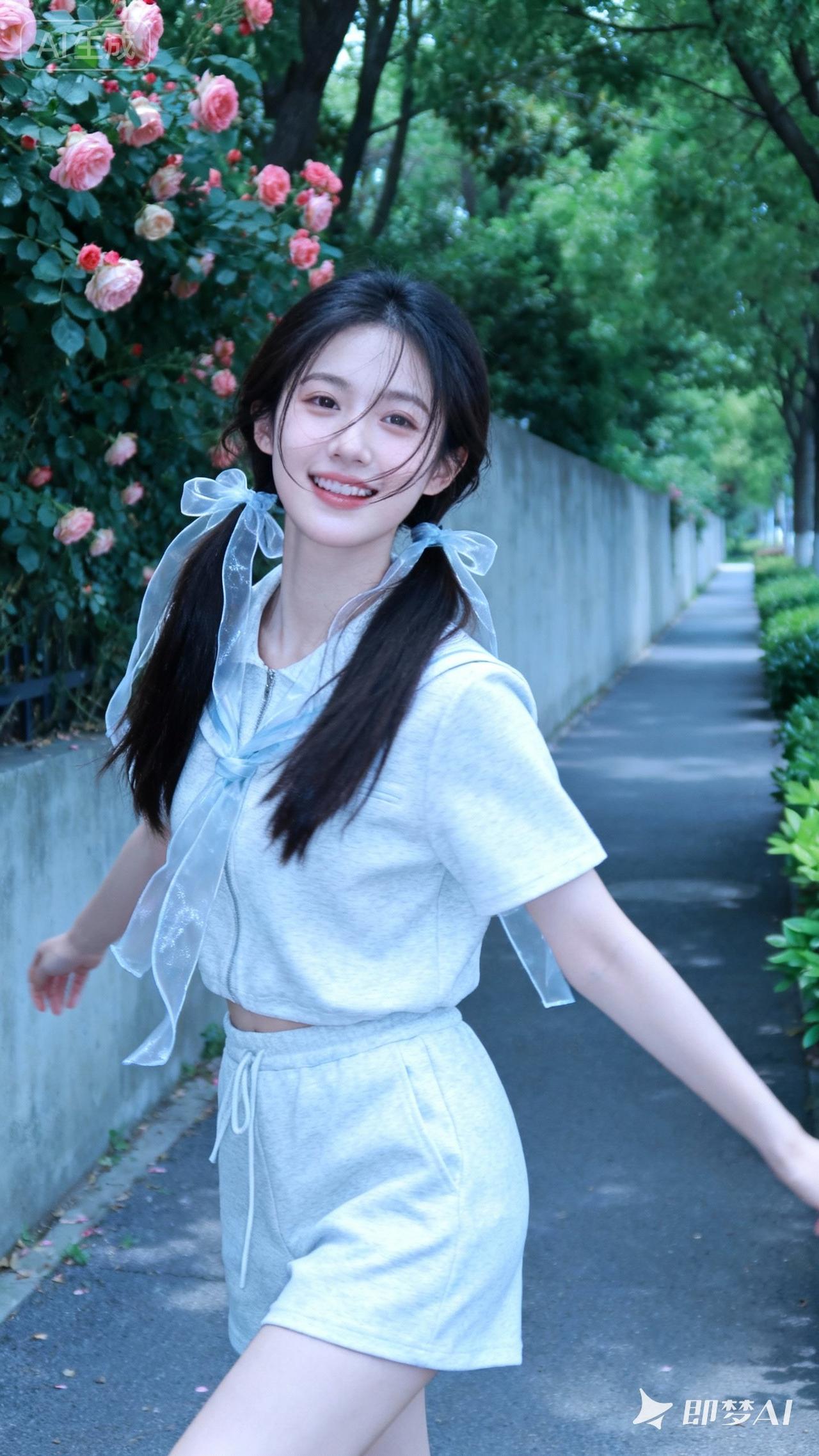 阳光明媚的午后，少女在绿意盎然的公园里开心地跑着。她就像一只自由的小鸟，在这充满