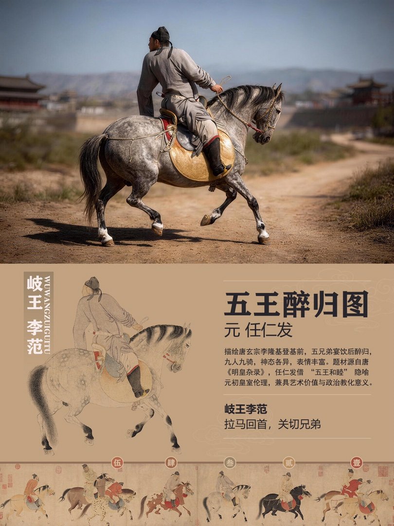 图解《五王醉归图》 | 唐玄宗五兄弟大醉场景兄弟五人宴饮后醉归，第一位即唐玄宗，