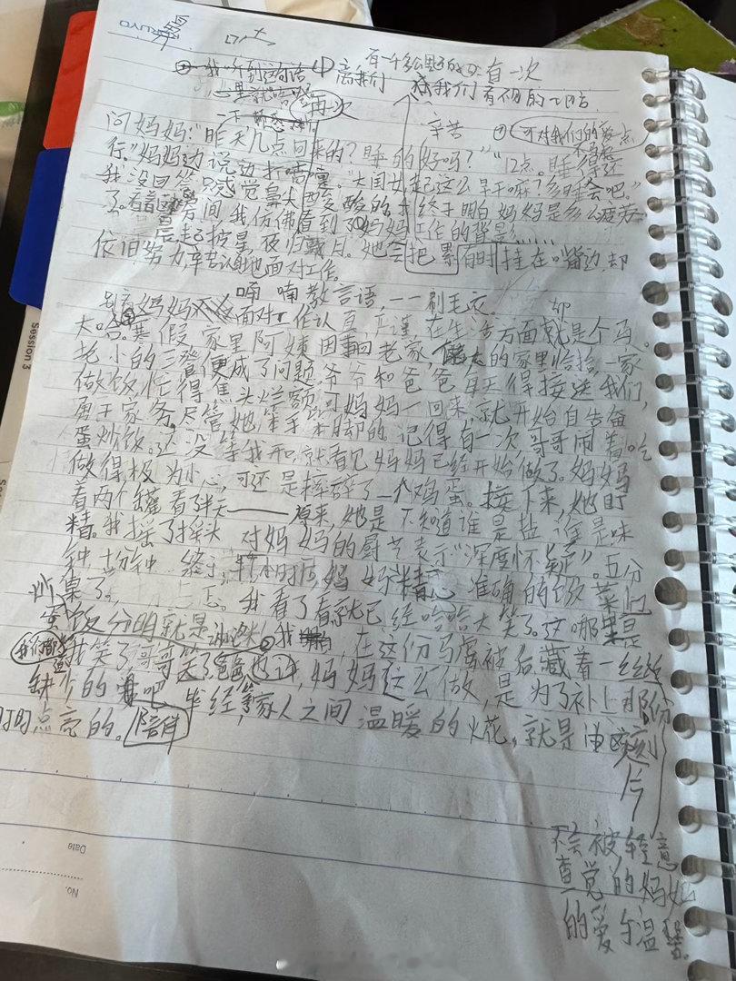 十点多吉祥的老师发来未成品的作文，我刚下来外部会，字迹潦草费劲看完。这是一篇写我