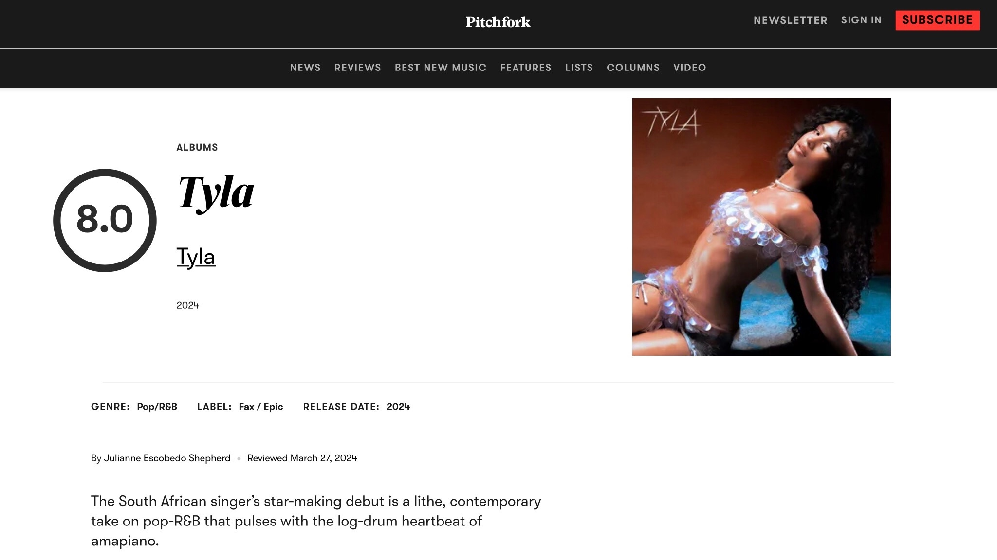 【乐评历史】乐评机构 Pitchfork 为 Tyla 各专辑评分一览： 