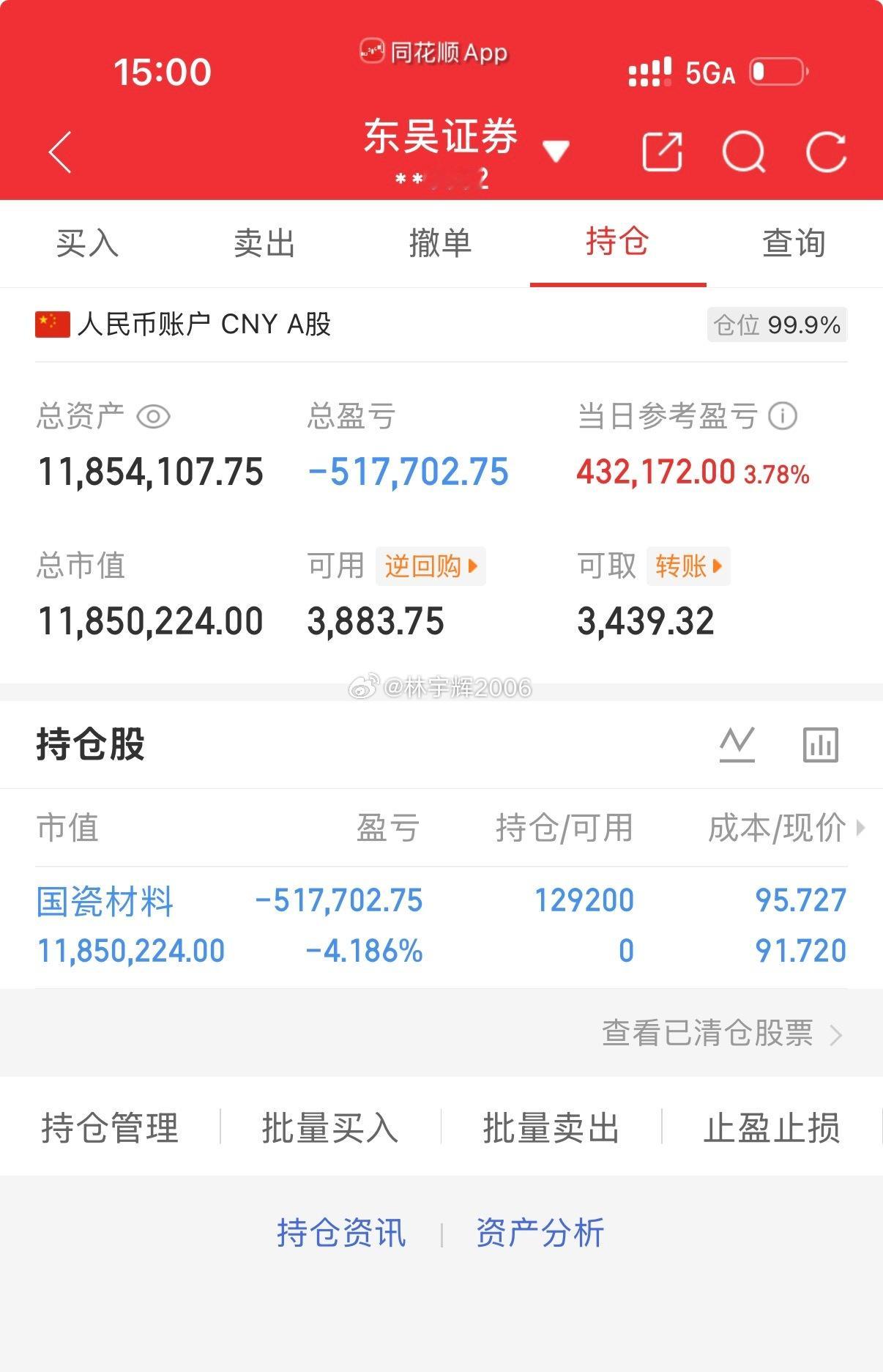 各位战友！账户还亏51.77万，今天盈利43.21万，但是我不会动，我会继续做T