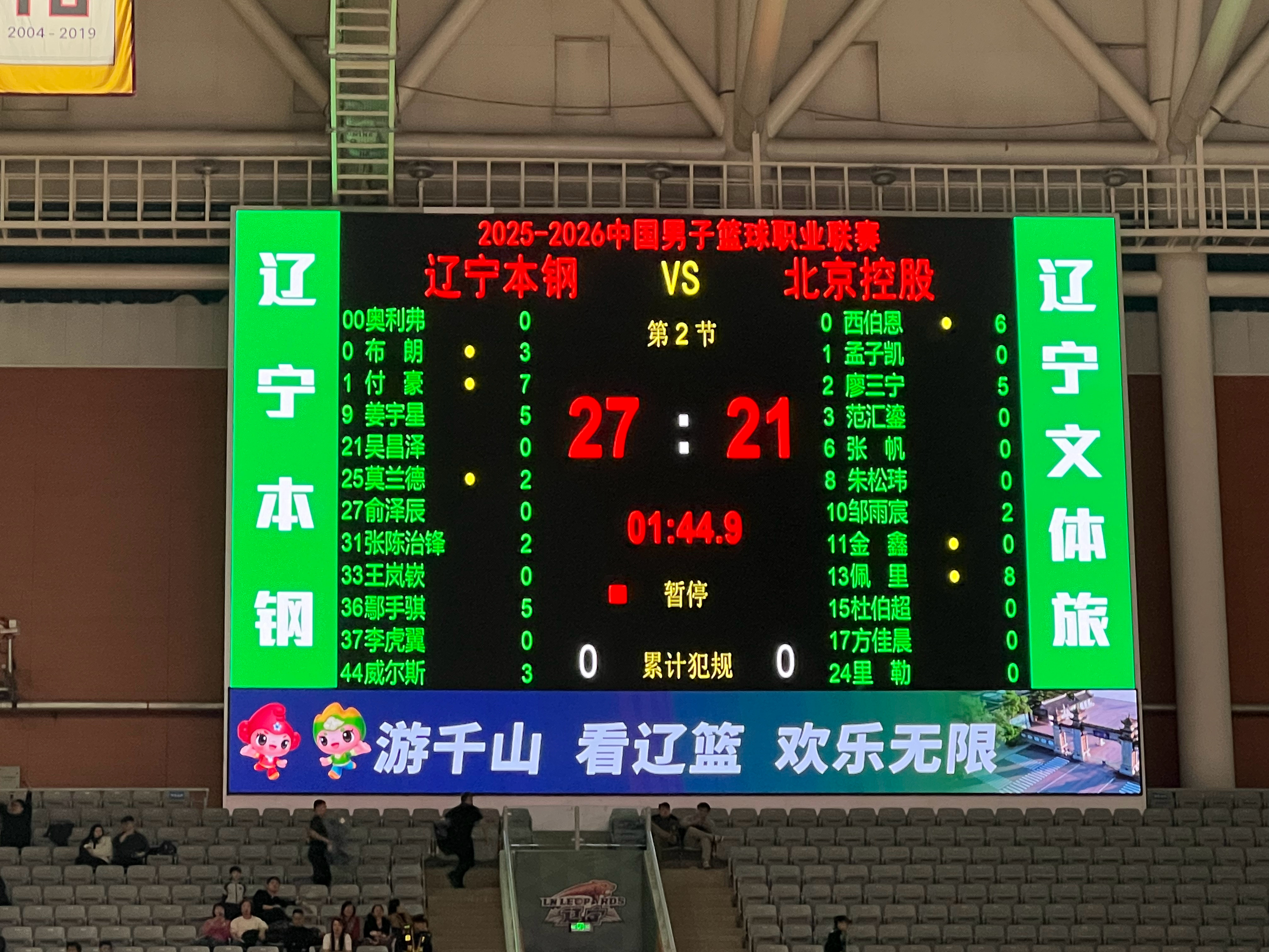 首节比分，辽宁27-21北控，多点开花辽宁男篮vs北控男篮