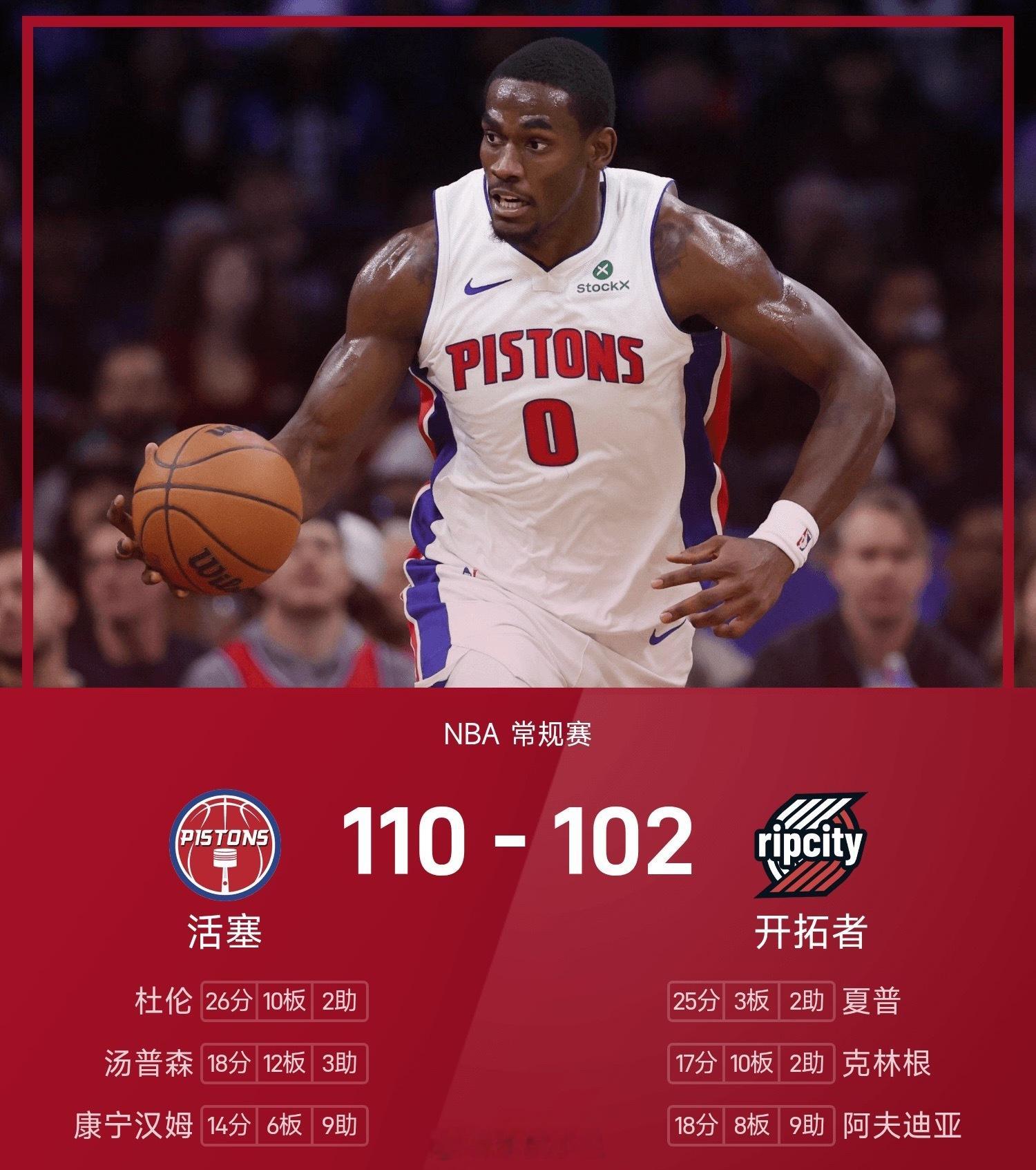 25/26赛季NBA 常规赛，开拓者对阵活塞。双方全场战罢，开拓者102-110