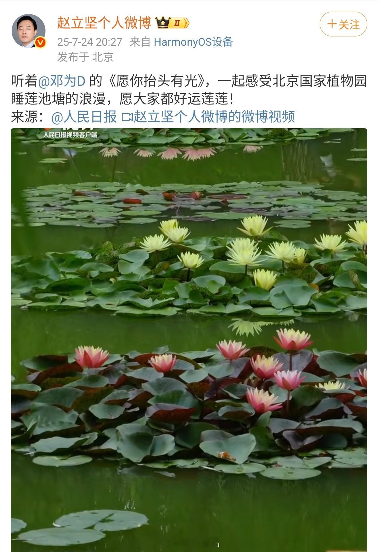 赵立坚昨晚又分享了邓为的《愿你抬头有光》，跟着邓为的歌声一起感受北京国家植物园睡