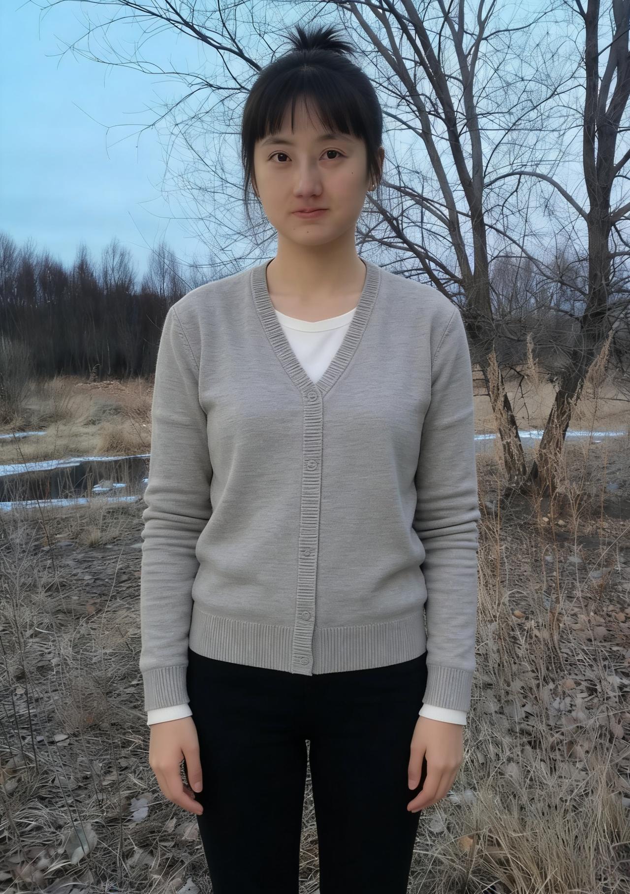 冰溪萦浅岸，枯木倚长天。
佳人含素韵，独立意悠然。
眉黛凝烟色，唇脂映雪妍。
不