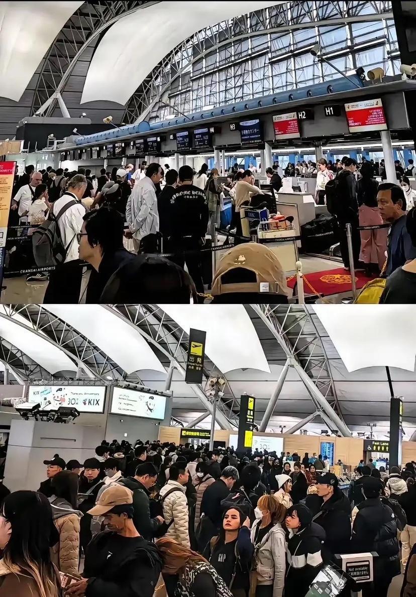 一觉醒来，
全是归国的游子，
日本机场全是中国人，排成了长龙，里三层外三层，有些