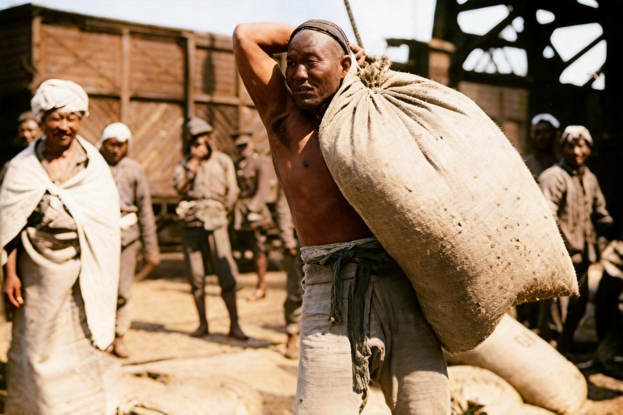 这是一战时期一名高大强壮的华工轻轻松松地背起一个大麻袋。周围的华工与洋人都投来惊