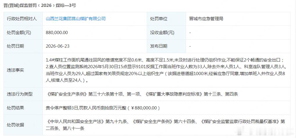 停产整顿！晋城一煤矿被查违法事实：1.4煤柱工作面机尾通往回风的巷道宽度不足0.