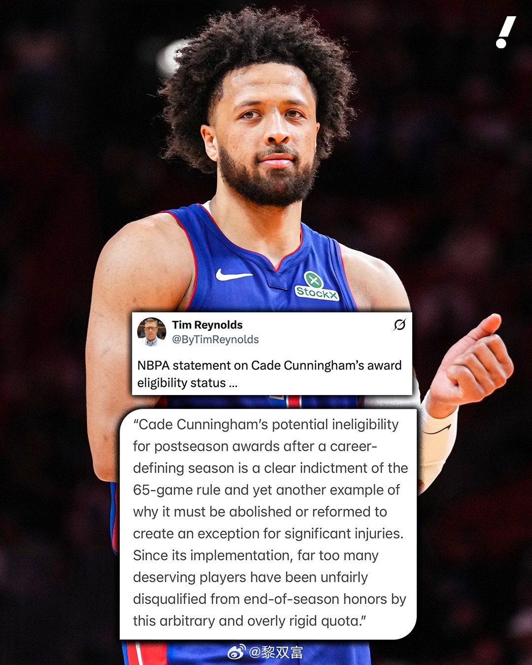 NBPA（球员工会）公开呼吁，废除或改革联盟年度奖项评选的65场要求（常规赛最低