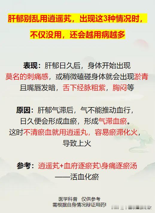 肝郁别乱用逍遥丸，出现这3种情况时，不仅没用，还会越用病越多


1、气滞血瘀
